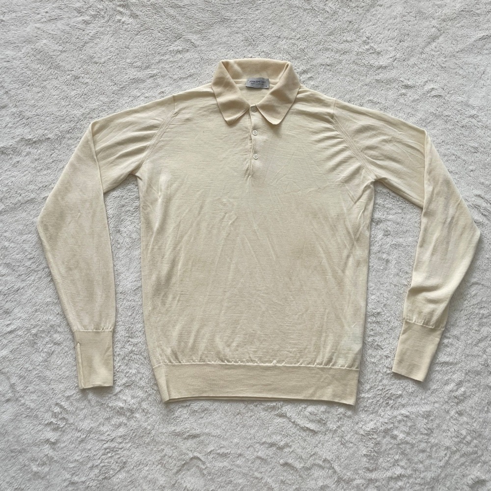 John Smedley Dorset Extra Fine Merino Wool Long Sleeve Polo Sweater Cream Size M